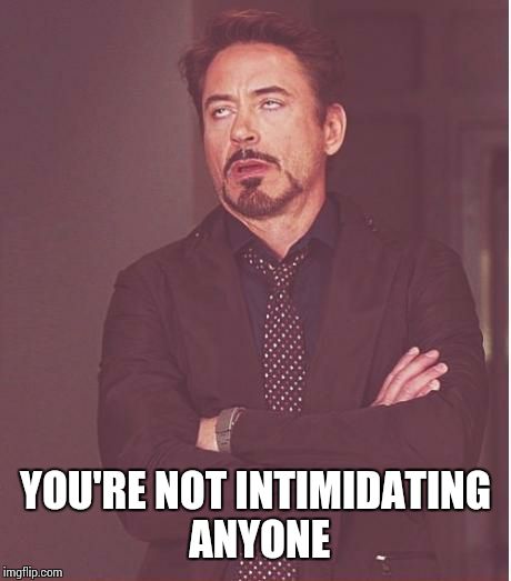 Face You Make Robert Downey Jr Meme | YOU'RE NOT INTIMIDATING ANYONE | image tagged in memes,face you make robert downey jr | made w/ Imgflip meme maker