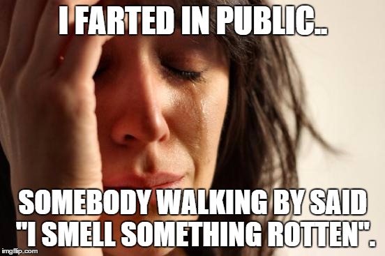 First World Problems | I FARTED IN PUBLIC.. SOMEBODY WALKING BY SAID "I SMELL SOMETHING ROTTEN". | image tagged in memes,first world problems | made w/ Imgflip meme maker