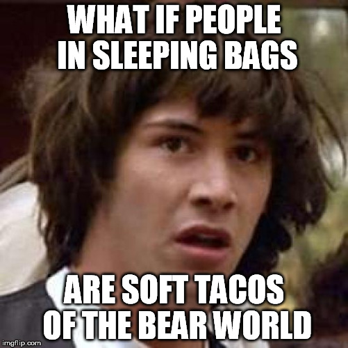 Conspiracy Keanu | WHAT IF PEOPLE IN SLEEPING BAGS ARE SOFT TACOS OF THE BEAR WORLD | image tagged in memes,conspiracy keanu | made w/ Imgflip meme maker