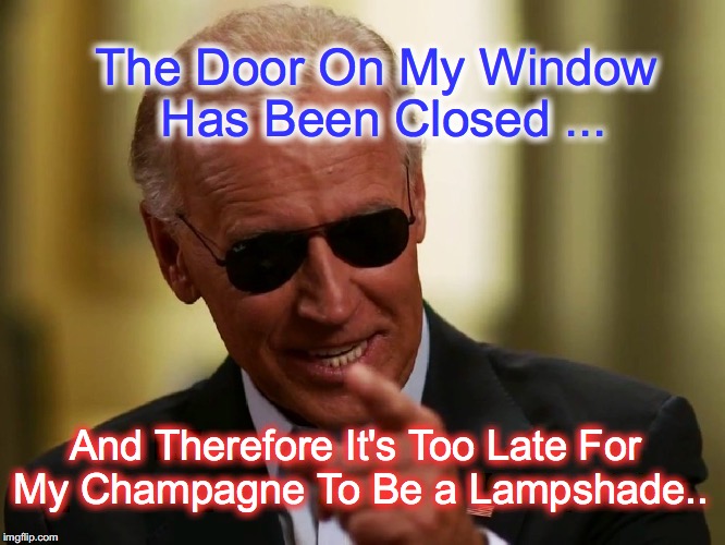 Joe Biden SHOULD have ran !!! | The Door On My Window Has Been Closed ... And Therefore It's Too Late For My Champagne To Be a Lampshade.. | image tagged in cool joe biden | made w/ Imgflip meme maker