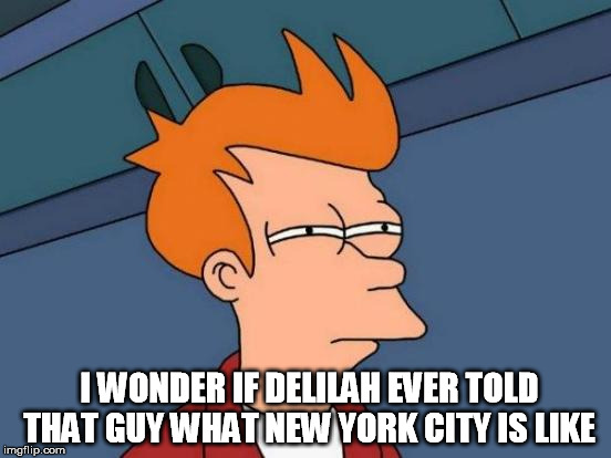 Futurama Fry Meme | I WONDER IF DELILAH EVER TOLD THAT GUY WHAT NEW YORK CITY IS LIKE | image tagged in memes,futurama fry | made w/ Imgflip meme maker