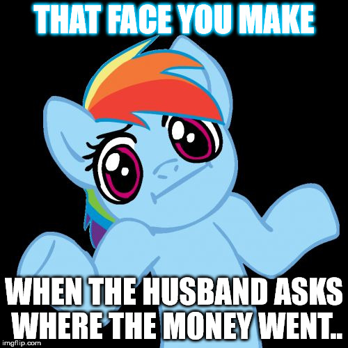Pony Shrugs Meme | THAT FACE YOU MAKE WHEN THE HUSBAND ASKS WHERE THE MONEY WENT.. | image tagged in pony shrugs,wife,funny wife,real housewives,money | made w/ Imgflip meme maker
