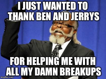 Too Damn High | I JUST WANTED TO THANK BEN AND JERRYS FOR HELPING ME WITH ALL MY DAMN BREAKUPS | image tagged in memes,too damn high | made w/ Imgflip meme maker