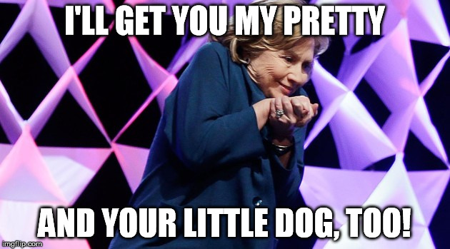 I'LL GET YOU MY PRETTY AND YOUR LITTLE DOG, TOO! | image tagged in evil hillary | made w/ Imgflip meme maker