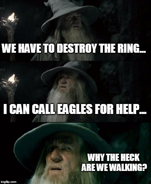Confused Gandalf Meme | WE HAVE TO DESTROY THE RING... I CAN CALL EAGLES FOR HELP... WHY THE HECK ARE WE WALKING? | image tagged in memes,confused gandalf | made w/ Imgflip meme maker