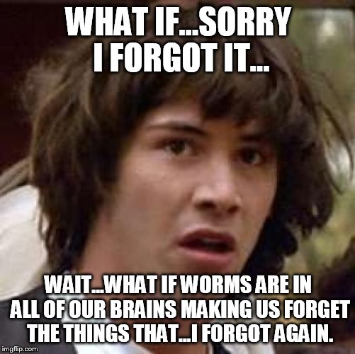 Conspiracy Keanu | WHAT IF...SORRY I FORGOT IT... WAIT...WHAT IF WORMS ARE IN ALL OF OUR BRAINS MAKING US FORGET THE THINGS THAT...I FORGOT AGAIN. | image tagged in memes,conspiracy keanu | made w/ Imgflip meme maker
