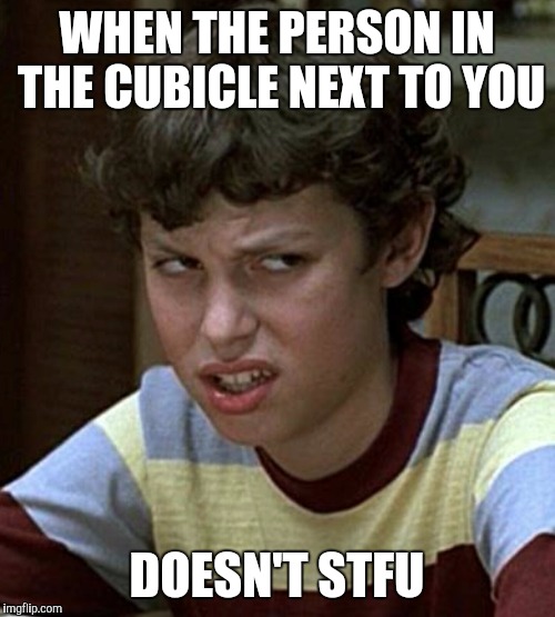 WHEN THE PERSON IN THE CUBICLE NEXT TO YOU DOESN'T STFU | image tagged in annoyed,office | made w/ Imgflip meme maker