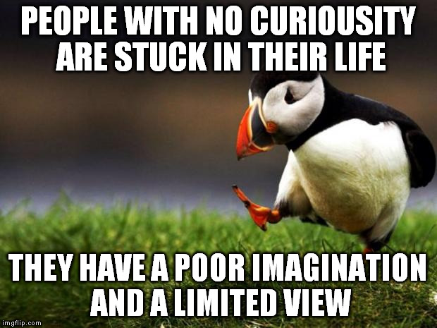 Unpopular Opinion Puffin | PEOPLE WITH NO CURIOUSITY ARE STUCK IN THEIR LIFE THEY HAVE A POOR IMAGINATION AND A LIMITED VIEW | image tagged in memes,unpopular opinion puffin | made w/ Imgflip meme maker