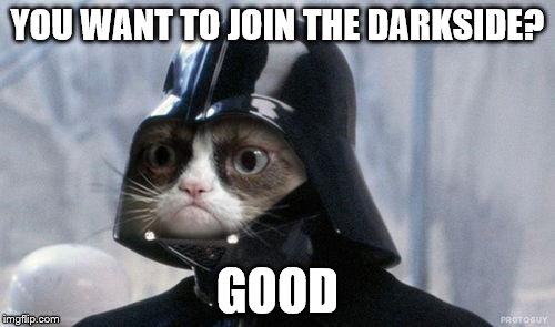 Grumpy Cat Star Wars Meme | YOU WANT TO JOIN THE DARKSIDE? GOOD | image tagged in memes,grumpy cat star wars,grumpy cat | made w/ Imgflip meme maker