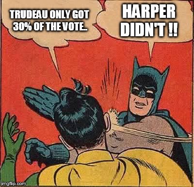 Batman Slapping Robin Meme | TRUDEAU ONLY GOT 30% OF THE VOTE.. HARPER DIDN'T !! | image tagged in memes,batman slapping robin | made w/ Imgflip meme maker