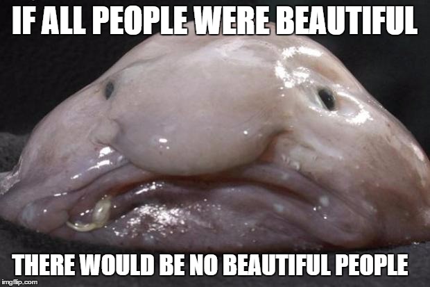 Whenever you see an ugly person thank him or her because it is because of them you are considered hot. | IF ALL PEOPLE WERE BEAUTIFUL THERE WOULD BE NO BEAUTIFUL PEOPLE | image tagged in uglyfish,ugly,advice,blobfish,sadness | made w/ Imgflip meme maker