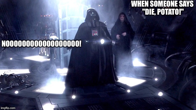 Darth Vader No | WHEN SOMEONE SAYS "DIE, POTATO!" NOOOOOOOOOOOOOOOOOO! | image tagged in darth vader no,memes,star wars no,star wars,darth vader,asdfmovie | made w/ Imgflip meme maker