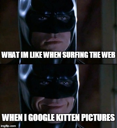 Batman Smiles Meme | WHAT IM LIKE WHEN SURFING THE WEB WHEN I GOOGLE KITTEN PICTURES | image tagged in memes,batman smiles | made w/ Imgflip meme maker