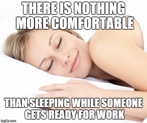 Sleeping lady | THERE IS NOTHING MORE COMFORTABLE THAN SLEEPING WHILE SOMEONE GETS READY FOR WORK | image tagged in sleeping lady | made w/ Imgflip meme maker