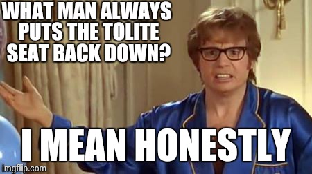 Austin Powers Honestly | WHAT MAN ALWAYS PUTS THE TOLITE SEAT BACK DOWN? I MEAN HONESTLY | image tagged in memes,austin powers honestly | made w/ Imgflip meme maker