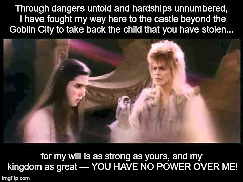 Labyrinth | Through dangers untold and hardships unnumbered, I have fought my way here to the castle beyond the Goblin City to take back the child that  | image tagged in labyrinth | made w/ Imgflip meme maker