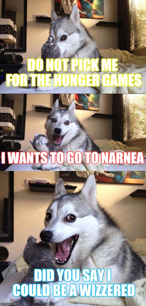 Bad Pun Dog | DO NOT PICK ME FOR THE HUNGER GAMES I WANTS TO GO TO NARNEA DID YOU SAY I COULD BE A WIZZERED | image tagged in memes,bad pun dog | made w/ Imgflip meme maker