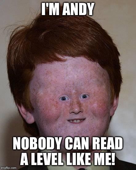 Dumb Ginger | I'M ANDY NOBODY CAN READ A LEVEL LIKE ME! | image tagged in dumb ginger | made w/ Imgflip meme maker