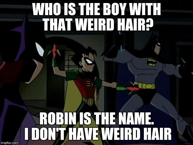WHO IS THE BOY WITH THAT WEIRD HAIR? ROBIN IS THE NAME. I DON'T HAVE WEIRD HAIR | image tagged in who is he | made w/ Imgflip meme maker