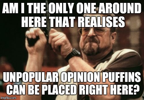 Am I The Only One Around Here Meme | AM I THE ONLY ONE AROUND HERE THAT REALISES UNPOPULAR OPINION PUFFINS CAN BE PLACED RIGHT HERE? | image tagged in memes,am i the only one around here | made w/ Imgflip meme maker