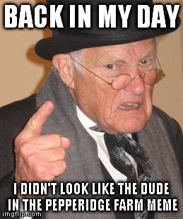 Back In My Day Meme | BACK IN MY DAY I DIDN'T LOOK LIKE THE DUDE IN THE PEPPERIDGE FARM MEME | image tagged in memes,back in my day | made w/ Imgflip meme maker