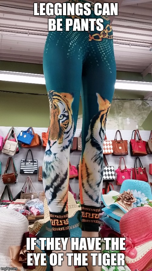 Eye of the tiger leggings  | LEGGINGS CAN BE PANTS IF THEY HAVE THE EYE OF THE TIGER | image tagged in leggings,tiger,tacky | made w/ Imgflip meme maker