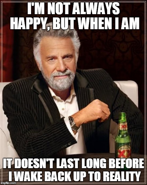 The Most Interesting Man In The World | I'M NOT ALWAYS HAPPY, BUT WHEN I AM IT DOESN'T LAST LONG BEFORE I WAKE BACK UP TO REALITY | image tagged in memes,the most interesting man in the world | made w/ Imgflip meme maker