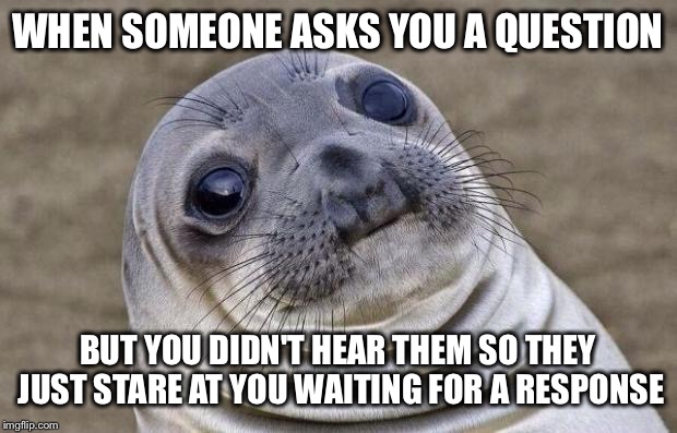 Awkward Moment Sealion Meme | WHEN SOMEONE ASKS YOU A QUESTION BUT YOU DIDN'T HEAR THEM SO THEY JUST STARE AT YOU WAITING FOR A RESPONSE | image tagged in memes,awkward moment sealion | made w/ Imgflip meme maker