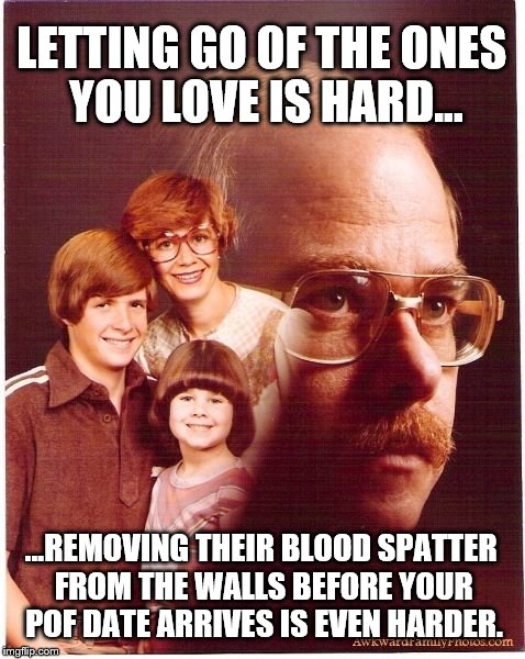 Vengeance Dad Online Rebound | LETTING GO OF THE ONES YOU LOVE IS HARD... ...REMOVING THEIR BLOOD SPATTER FROM THE WALLS BEFORE YOUR POF DATE ARRIVES IS EVEN HARDER. | image tagged in memes,vengeance dad | made w/ Imgflip meme maker