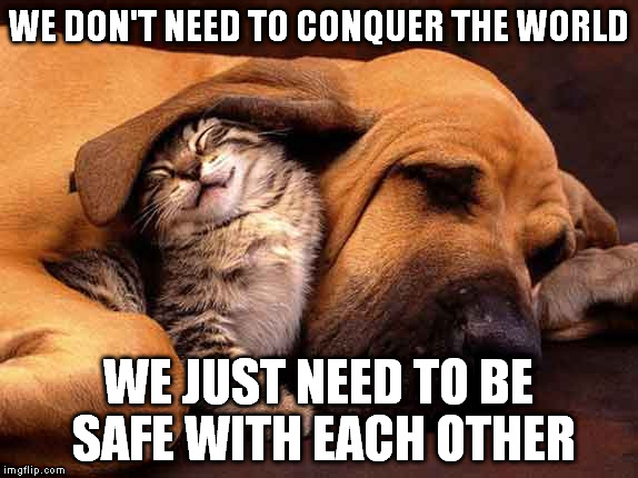 Trust is a Must | WE DON'T NEED TO CONQUER THE WORLD WE JUST NEED TO BE SAFE WITH EACH OTHER | image tagged in love,trust,cute cat,cute dog,cuddle | made w/ Imgflip meme maker