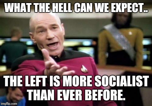 Picard Wtf Meme | WHAT THE HELL CAN WE EXPECT.. THE LEFT IS MORE SOCIALIST THAN EVER BEFORE. | image tagged in memes,picard wtf | made w/ Imgflip meme maker