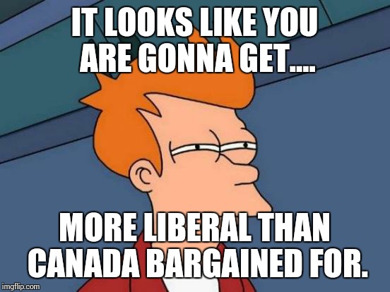 Futurama Fry Meme | IT LOOKS LIKE YOU ARE GONNA GET.... MORE LIBERAL THAN CANADA BARGAINED FOR. | image tagged in memes,futurama fry | made w/ Imgflip meme maker