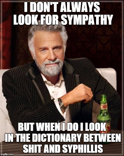 The Most Interesting Man In The World Meme | I DON'T ALWAYS LOOK FOR SYMPATHY BUT WHEN I DO I LOOK IN THE DICTIONARY BETWEEN SHIT AND SYPHILLIS | image tagged in memes,the most interesting man in the world | made w/ Imgflip meme maker