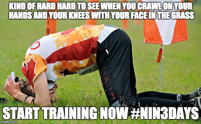 KIND OF HARD
HARD TO SEE
WHEN YOU CRAWL
ON YOUR HANDS AND YOUR KNEES
WITH YOUR FACE
IN THE GRASS START TRAINING NOW #NIN3DAYS | image tagged in hand and knees | made w/ Imgflip meme maker