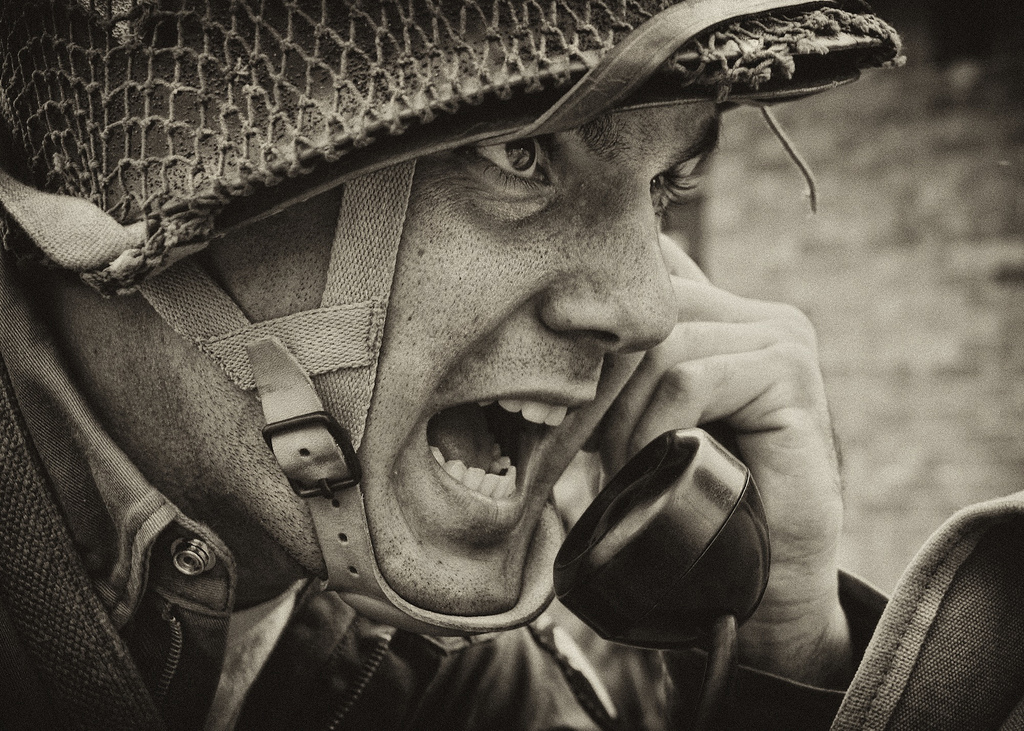 WW2 US Soldier yelling radio Blank Meme Template