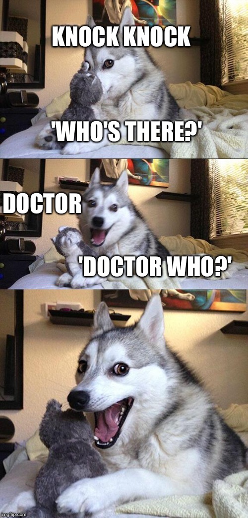 Bad Pun Dog | KNOCK KNOCK 'WHO'S THERE?' DOCTOR 'DOCTOR WHO?' | image tagged in memes,bad pun dog | made w/ Imgflip meme maker