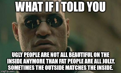 Matrix Morpheus | WHAT IF I TOLD YOU UGLY PEOPLE ARE NOT ALL BEAUTIFUL ON THE INSIDE ANYMORE THAN FAT PEOPLE ARE ALL JOLLY. SOMETIMES THE OUTSIDE MATCHES THE  | image tagged in memes,matrix morpheus | made w/ Imgflip meme maker