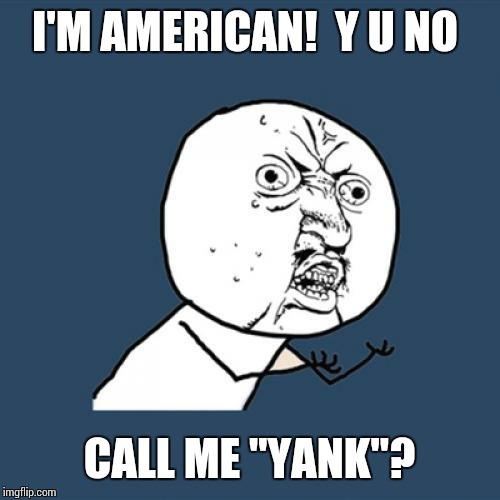 Y U No Meme | I'M AMERICAN!  Y U NO CALL ME "YANK"? | image tagged in memes,y u no | made w/ Imgflip meme maker