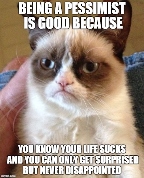 Advice Grumpy Cat | BEING A PESSIMIST IS GOOD BECAUSE YOU KNOW YOUR LIFE SUCKS AND YOU CAN ONLY GET SURPRISED BUT NEVER DISAPPOINTED | image tagged in memes,grumpy cat,advice | made w/ Imgflip meme maker