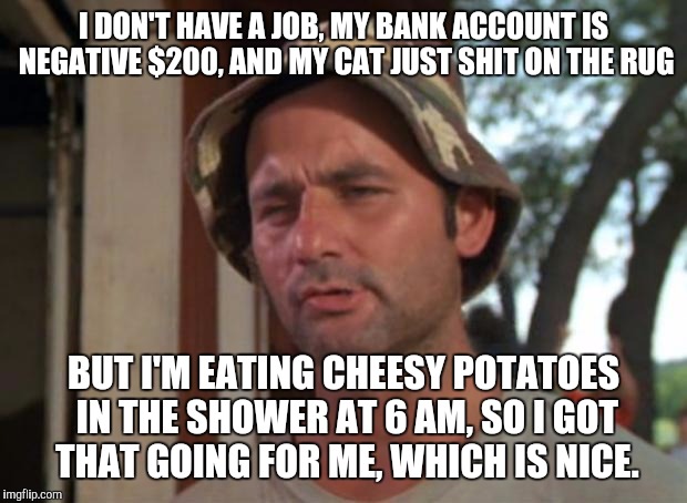 So I Got That Goin For Me Which Is Nice Meme | I DON'T HAVE A JOB, MY BANK ACCOUNT IS NEGATIVE $200, AND MY CAT JUST SHIT ON THE RUG BUT I'M EATING CHEESY POTATOES IN THE SHOWER AT 6 AM,  | image tagged in memes,so i got that goin for me which is nice,AdviceAnimals | made w/ Imgflip meme maker