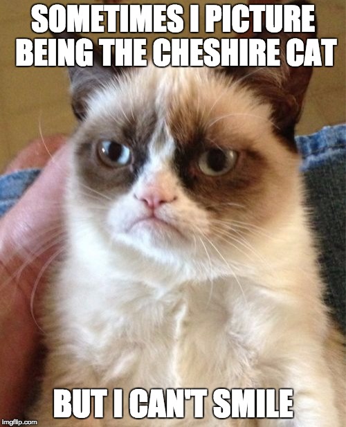 Grumpy Cat | SOMETIMES I PICTURE BEING THE CHESHIRE CAT BUT I CAN'T SMILE | image tagged in memes,grumpy cat | made w/ Imgflip meme maker