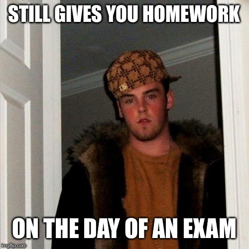 Pushes due date to tomorrow after you do it | STILL GIVES YOU HOMEWORK ON THE DAY OF AN EXAM | image tagged in memes,scumbag steve | made w/ Imgflip meme maker