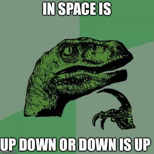 Philosoraptor Meme | IN SPACE IS UP DOWN OR DOWN IS UP | image tagged in memes,philosoraptor | made w/ Imgflip meme maker