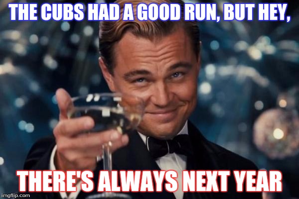 Leonardo Dicaprio Cheers | THE CUBS HAD A GOOD RUN, BUT HEY, THERE'S ALWAYS NEXT YEAR | image tagged in memes,leonardo dicaprio cheers | made w/ Imgflip meme maker