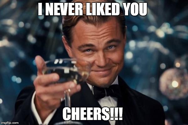 Leonardo Dicaprio Cheers | I NEVER LIKED YOU CHEERS!!! | image tagged in memes,leonardo dicaprio cheers | made w/ Imgflip meme maker