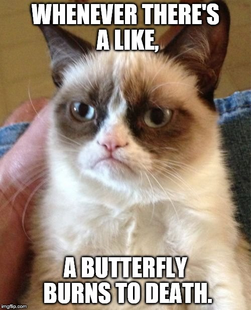 I hate butterflies too... | WHENEVER THERE'S A LIKE, A BUTTERFLY BURNS TO DEATH. | image tagged in memes,grumpy cat | made w/ Imgflip meme maker
