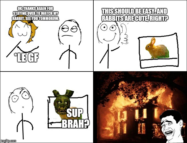Creepy Rabbit rage | *LE GF THIS SHOULD BE EASY. AND RABBITS ARE CUTE, RIGHT? SUP BRAH? OK, THANKS AGAIN FOR STAYING OVER TO WATCH MY RABBIT. SEE YOU TOMMOROW. | image tagged in funny,rage comics,rabbits,springtrap,fuck this shit | made w/ Imgflip meme maker