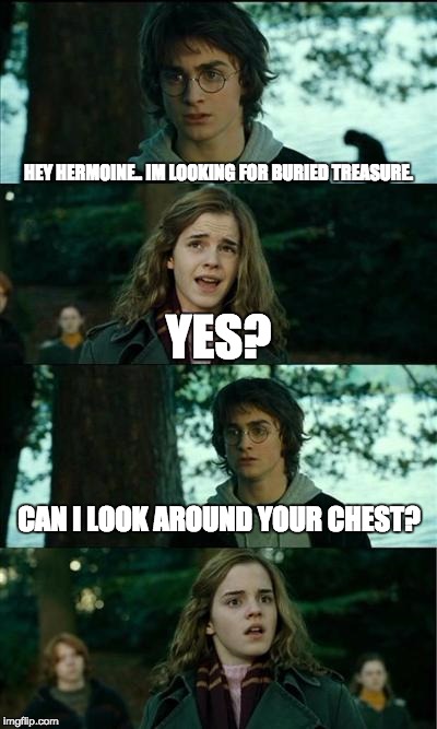 Horny Harry Meme | HEY HERMOINE.. IM LOOKING FOR BURIED TREASURE. YES? CAN I LOOK AROUND YOUR CHEST? | image tagged in memes,horny harry | made w/ Imgflip meme maker
