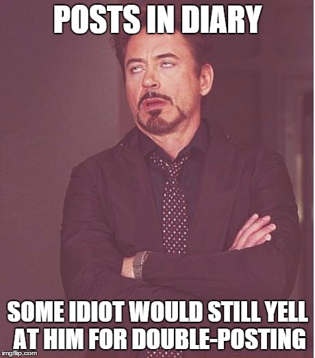 Face You Make Robert Downey Jr Meme | POSTS IN DIARY SOME IDIOT WOULD STILL YELL AT HIM FOR DOUBLE-POSTING | image tagged in memes,face you make robert downey jr | made w/ Imgflip meme maker