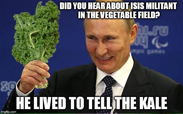 Ok, maybe just briefly until Putin bombed the vegetable field...  | DID YOU HEAR ABOUT ISIS MILITANT IN THE VEGETABLE FIELD? HE LIVED TO TELL THE KALE | image tagged in putin with kale,memes,vladimir putin,putin | made w/ Imgflip meme maker